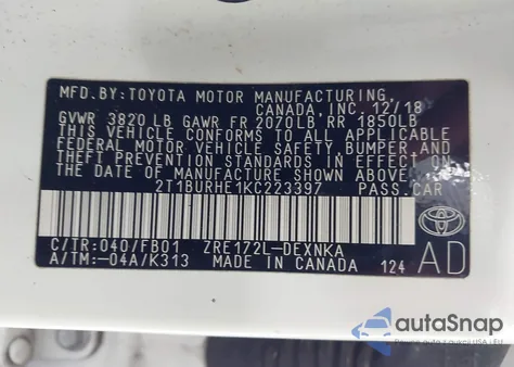 2019 Toyota Corolla Le z USA, uszkodzony, nr VIN 2T1BURHE1KC223397